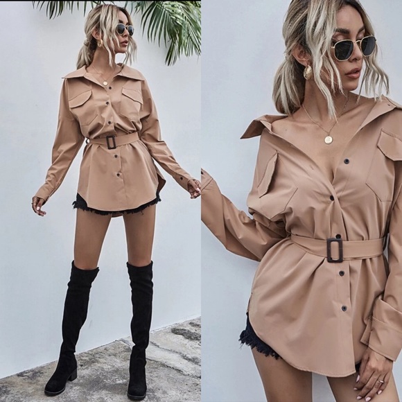 Button Detail Belted Long Sleeve Shirt- KHAKI - Picture 3 of 10